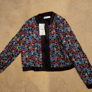 Zara NWT Red Blue Jeweled Embellished Crystal Jacket L